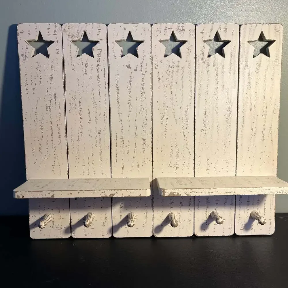 Rustic Farmhouse White Star Cutout Wall Shelf with 6 pegs